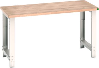 Bott Werkbank cubio, manuell höhenverstellbar, Rotbuche-Arbeitsplatte, B 1500 x T 750 x H 740–1140 mm, bis 800 kg, Stahl, lichtgrau
