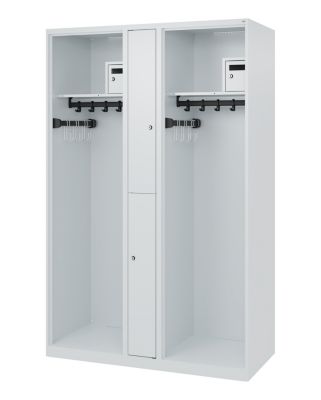 Brandweerkluis C+P Evolo Maxi, 4 vakken voor 2 personen, zonder helmhouder, vloerglijders, B 1200 x D 500 x H 1850 mm, RAL 7035 lichtgrijs