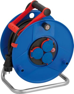 Brennenstuhl Garant Kabeltrommel, 3 Schutzkontaktsteckdosen, Bremaxx-Kabel, 50 meter, Spezialkunststoff, outdoor geeignet, mit Drehgriff, B 290 x H 370 mm, blau/rot/schwarz