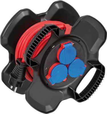 Brennenstuhl Gummi-Kabeltrommel X-Gum, 10 m, 2 Handgriffe, 3-fach spritzwassergeschützt, ölbeständiges RN-Kabel, IP44, blau/rot/schwarz