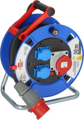 Brennenstuhl Kabeltrommel Garant CEE 1 IP44, 30m RN-Kabel, 3 Steckdosen, Kunststoff, für Außenbereich, blau/rot