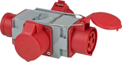 Brennenstuhl Kreuzverteiler CEE 400V/16A, 3 CEE Steckdosen, IP44, Kunststoff, Aufhängebügel, grau/rot