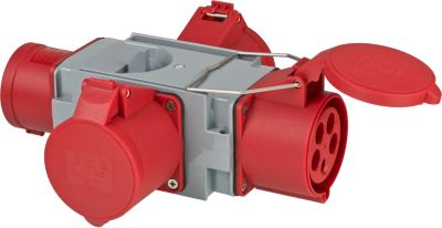 Brennenstuhl Kreuzverteiler CEE400V/32A, 3 CEE-Steckdosen, IP44, Spezialkunststoff, für Ausseneinsatz, grau/rot