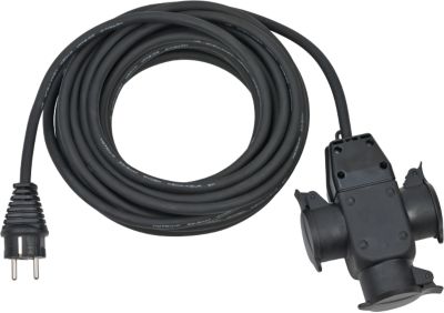 Brennenstuhl Verlängerungskabel, 10 m, 3 Schuko-Steckdosen, 3-fach-Gummikupplung, Klappdeckel, IP44, schwarz