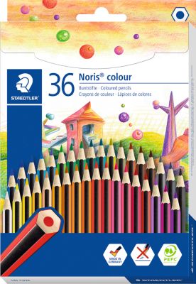 Buntstifte Staedtler Noris® colour 185, HB, 6-Kant, rutschfest & bruchfest, PEFC®-zertifiziertes WOPEX-Material, farbsortiert, 36 Stück