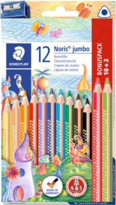 Buntstifte Staedtler Noris® jumbo 128, 3-Kant, ABS-Minenschutz, Sternchendesign & Namensfeld, FSC®-zertifiziert, farbsortiert, 12 Stück + Anspitzer