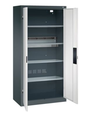 C+P Akkuladeschrank Acurado, abschließbar, mit Inneneinrichtung, B 930 x T 500 x H 1950 mm, Stahl, lichtgrau RAL 7035/anthrazitgrau RAL 7016