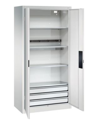 C+P Akkuladeschrank Acurado, abschließbar, mit Inneneinrichtung, B 930 x T 500 x H 1950 mm, Stahl, lichtgrau RAL 7035/lichtgrau RAL 7035
