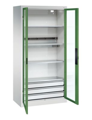 C+P Akkuladeschrank Acurado, abschließbar, mit Inneneinrichtung, B 930 x T 500 x H 1950 mm, Stahl, resedagrün RAL 6011/lichtgrau RAL 7035