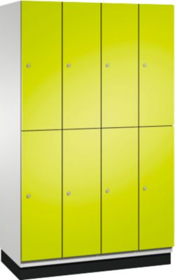 C+P Doppelstöckiger Spind Cambio, 4 Abteile, 8 Fächer, mit Sockel, B 1200 x T 525 x H 1980 mm, lichtgrau/clowngrün