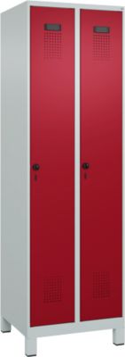 C+P Evolo Plus garderobekast, 2 vakken, 300 mm breed, met poten, veiligheidsdraaistang, B 600 x D 500 x H 1950 mm, lichtgrijs/ruy rood