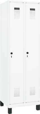 C+P Evolo Plus garderobekast, 2 vakken, 300 mm breed, met voetjes, veiligheidsdraaistang, B 600 x D 500 x H 1950 mm, verkeerswit/verkeerswit