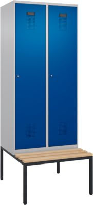 C+P Evolo Plus garderobekast, 2 vakken, 400 mm vakbreedte, met bank eronder, B 800 x D 815 x H 2120 mm, cilinder, blank aluminium/ gentiaanblauw