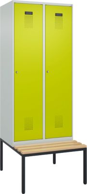 C+P Evolo Plus garderobekast, 2 vakken, 400 mm vakbreedte, met bank eronder, B 800 x D 815 x H 2120 mm, cilinder, lichtgrijs/kleedgroen