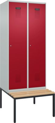 C+P Evolo Plus garderobekast, 2 vakken, 400 mm vakbreedte, met bank eronder, B 800 x D 815 x H 2120 mm, cilinder, lichtgrijs/ruy rood