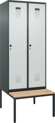 C+P Evolo Plus garderobekast, 2 vakken, 400 mm vakbreedte, met bank eronder, B 800 x D 815 x H 2120 mm, draaibare grendel, antracietgrijs/lichtgrijs