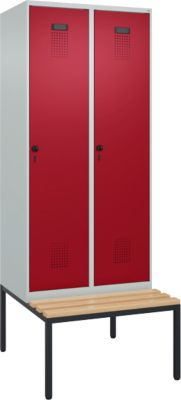 C+P Evolo Plus garderobekast, 2 vakken, 400 mm vakbreedte, met bank eronder, B 800 x D 815 x H 2120 mm, draaigrendel, lichtgrijs/ruy rood