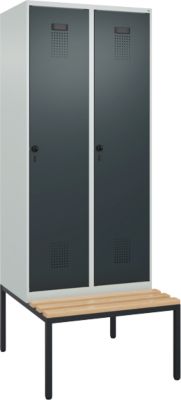 C+P Evolo Plus garderobekast, 2 vakken, 400 mm vakbreedte, met bank eronder, B 800 x D 815 x H 2120 mm, draaischroef, lichtgrijs/antracietgrijs