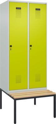 C+P Evolo Plus garderobekast, 2 vakken, 400 mm vakbreedte, met bank eronder, B 800 x D 815 x H 2120 mm, draaischroef, lichtgrijs/kleedgroen