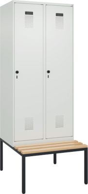 C+P Evolo Plus garderobekast, 2 vakken, 400 mm vakbreedte, met bank eronder, B 800 x D 815 x H 2120 mm, draaischroef, lichtgrijs/lichtgrijs