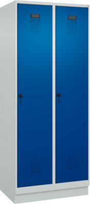 C+P Evolo Plus garderobekast, 2 vakken, 400 mm vakbreedte, met plint, rechts scharnierend, B 800 x D 500 x H 1950 mm, draaigrendel, lichtgrijs/enziana blauw