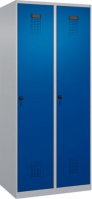 C+P Evolo Plus garderobekast, 2 vakken, rechts scharnierend, veiligheidsdraaistang, B 800 x D 500 x H 1850 mm, blank aluminium/ gentiaanblauw