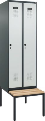 C+P Evolo Plus garderobekast, 2 vakken van elk 300 mm breed, bank eronder, B 600 x D 815 x H 2120 mm, draaibare grendel, antracietgrijs/lichtgrijs