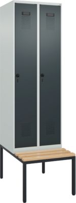 C+P Evolo Plus garderobekast, 2 vakken van elk 300 mm breed, bank eronder, B 600 x D 815 x H 2120 mm, draaischroef, lichtgrijs/antracietgrijs