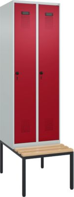 C+P Evolo Plus garderobekast, 2 vakken van elk 300 mm breed, bankje eronder, B 600 x D 815 x H 2120 mm, draaigrendel, lichtgrijs/ruy rood