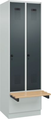 C+P Evolo Plus garderobekast, 2 vakken van elk 300 mm breed, sokkel, zwevende bank, B 600 x D 815 x H 1950 mm, draaischroef, lichtgrijs/antracietgrijs