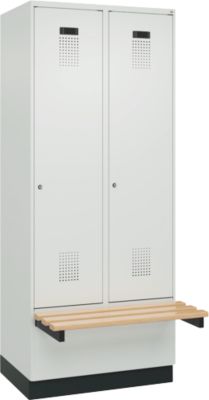 C+P Evolo Plus garderobekast, 2 vakken van elk 400 mm breed, sokkel, zwevende bank, B 800 x D 815 x H 1950 mm, cilinder, lichtgrijs/lichtgrijs