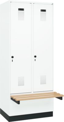 C+P Evolo Plus garderobekast, 2 vakken van elk 400 mm breed, sokkel, zwevende bank, B 800 x D 815 x H 1950 mm, draaibare grendel, verkeerswit/verkeerswit