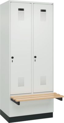 C+P Evolo Plus garderobekast, 2 vakken van elk 400 mm breed, sokkel, zwevende bank, B 800 x D 815 x H 1950 mm, draaischroef, lichtgrijs/lichtgrijs