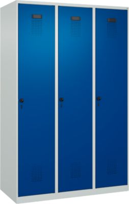 C+P Evolo Plus garderobekast, 3 vakken, 400 mm breed, draaigrendel, soft-close, B 1.200 x D 500 x H 1.850 m, lichtgrijs/gentiaanblauw