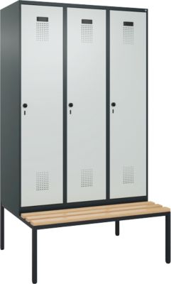 C+P Evolo Plus garderobekast, 3 vakken, 400 mm vakbreedte, met bank eronder, B 1200 x D 815 x H 2120 mm, draaibare grendel, antracietgrijs/lichtgrijs