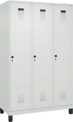 C+P Evolo Plus garderobekast, 3 vakken, 400 mm vakbreedte, met poten, rechts scharnierend, soft-close, inbraakwerend, B 1200 x D 500 x H 1950 mm, veiligheidsslot met draaigrendel, lichtgrijs RAL 7035/lichtgrijs RAL 7035