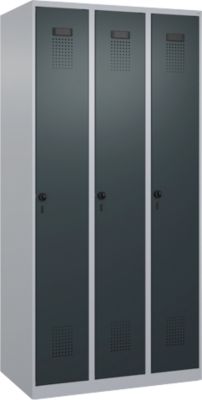 C+P Evolo Plus garderobekast, 3 vakken, rechts scharnierend, veiligheidsdraaistang, B 900 x D 500 x H 1850 mm, blank aluminium/antracietgrijs