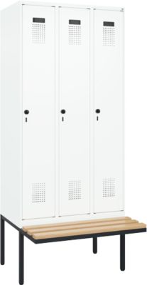 C+P Evolo Plus garderobekast, 3 vakken van elk 300 mm breed, zwevende bank, B 900 x D 815 x H 2120 mm, draaibare grendel, verkeerswit/verkeerswit