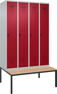C+P Evolo Plus garderobekast, 4 vakken, 300 mm vakbreedte, met bank eronder, B 1200 x D 815 x H 2120 mm, draaigrendel, lichtgrijs/ruy rood