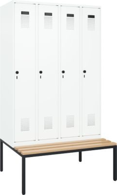 C+P Evolo Plus garderobekast, 4 vakken, 300 mm vakbreedte, met bank eronder, B 1200 x D 815 x H 2120 mm, draaigrendel, verkeerswit/verkeerswit