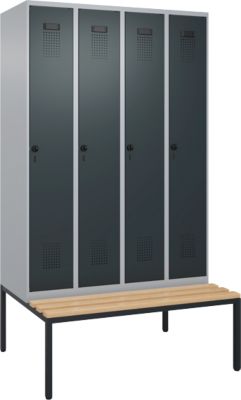 C+P Evolo Plus garderobekast, 4 vakken, 300 mm vakbreedte, met bank eronder, B 1200 x D 815 x H 2120 mm, draaischroef, blank aluminium/antracietgrijs