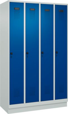 C+P Evolo Plus garderobekast, 4 vakken, 300 mm vakbreedte, met plint, rechts scharnier, soft-close, inbraakwerend, B 1200 x D 500 x H 1950 mm, veiligheidsslot met draaigrendel, lichtgrijs RAL 7035/enziaans blauw RAL 5010