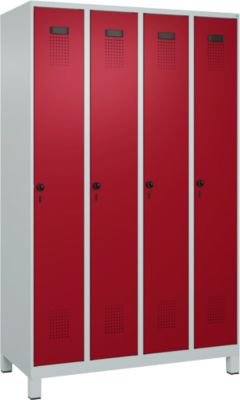 C+P Evolo Plus garderobekast, 4 vakken, 300 mm vakbreedte, met poten, rechts scharnierend, veiligheidsdraaigrendel, soft-close, inbraakwerend, B 1200 x D 500 x H 1950 mm, lichtgrijs RAL 7035/ruwe rood RAL 3003