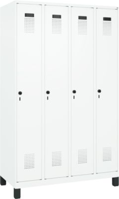 C+P Evolo Plus garderobekast, 4 vakken, 300 mm vakbreedte, met voetjes, rechts scharnierend, veiligheidsdraaigrendel, soft-close, inbraakwerend, B 1200 x D 500 x H 1950 mm, verkeerswit RAL 9016/ verkeerswit RAL 9016