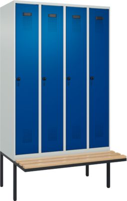 C+P Evolo Plus garderobekast, 4 vakken, elk 300 mm breed, zwevende bank, B 1200 x D 815 x H 2120 mm, draaischroef, lichtgrijs/enziana blauw
