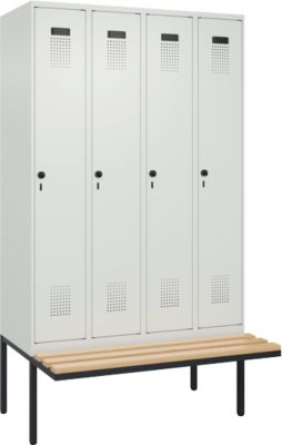 C+P Evolo Plus garderobekast, 4 vakken van elk 300 mm breed, zwevende bank, B 1200 x D 815 x H 2120 mm, draaibare grendel, lichtgrijs/lichtgrijs