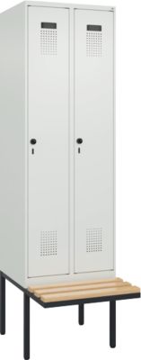 C+P Evolo Plus kledingkast, 2 vakken van elk 300 mm breed, zwevende zitbank, B 600 x D 815 x H 2120 mm, draaischroef, lichtgrijs/lichtgrijs