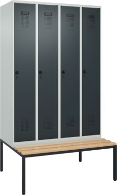 C+P Evolo Plus kledingkast, 4 vakken, 300 mm vakbreedte, met bank eronder, B 1200 x D 815 x H 2120 mm, draaischroef, lichtgrijs/antracietgrijs
