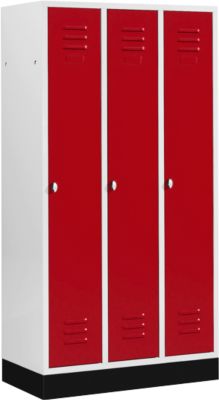 Casier de vestiaires à 3 compartiments, 300 mm, serrure à came batteuse, sur socle, porte rouge rubis