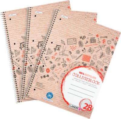 Collegeblock Herlitz Recycling, A4+ Format, 3 Stück, 80 Blatt je Block, kariert, rot